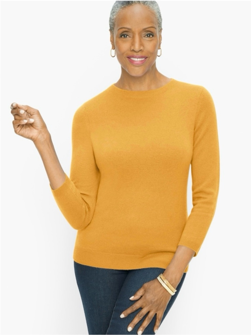 Taibots 100% Pure Cashmere Golden Yellow Crewneck 3/4 Sleeve Soft Knit Sweater